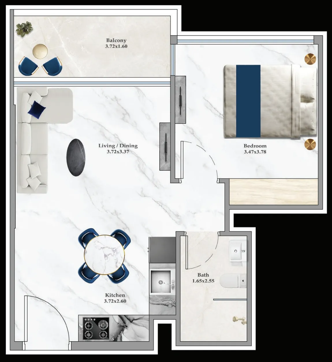 Aspirz 1 bed floor plan, 480 – 489 sqft