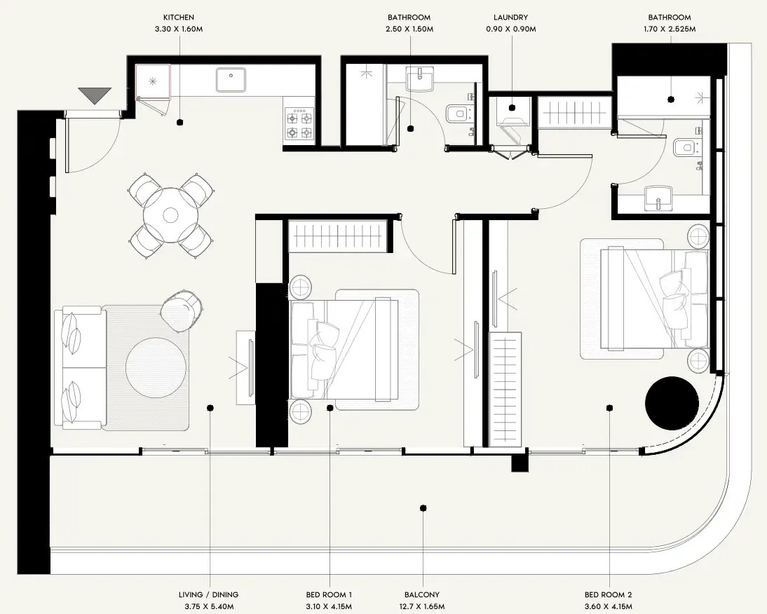 Azizi Milan 2 bed floor plan, 1,160 sqft