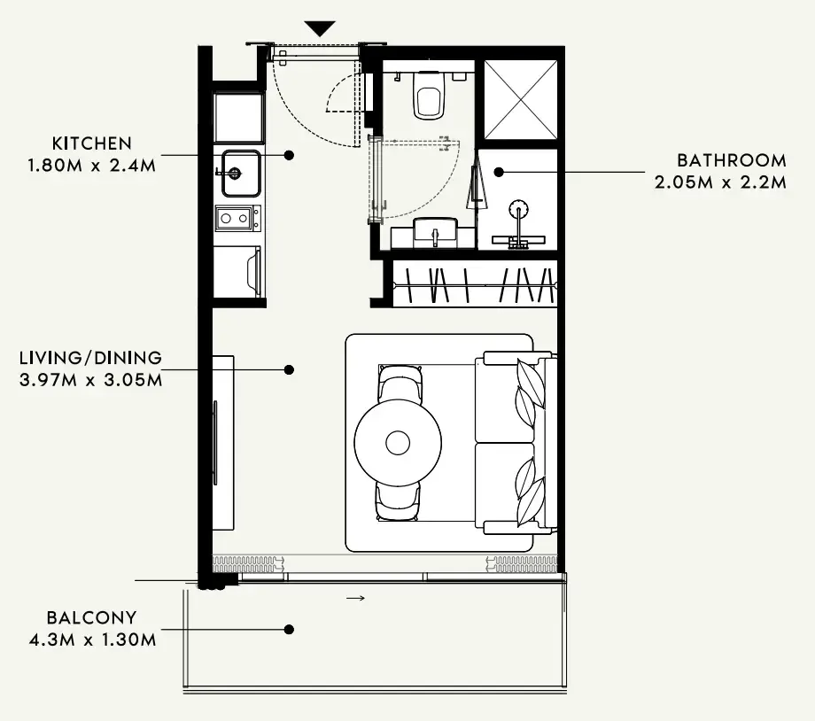 Azizi Milan Studio floor plan, 325 – 333 sqft
