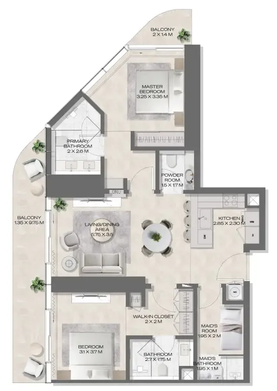 DWTN Residences 2 bed floor plan, 1,242 sqft
