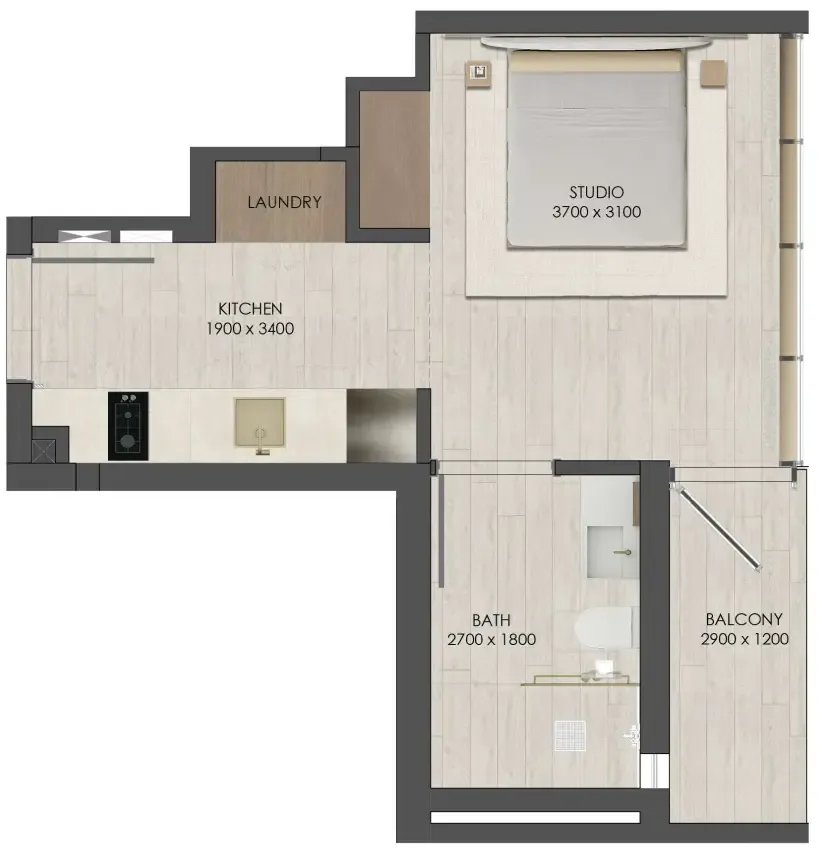 JAD 288 Studio floor plan, 333 sqft