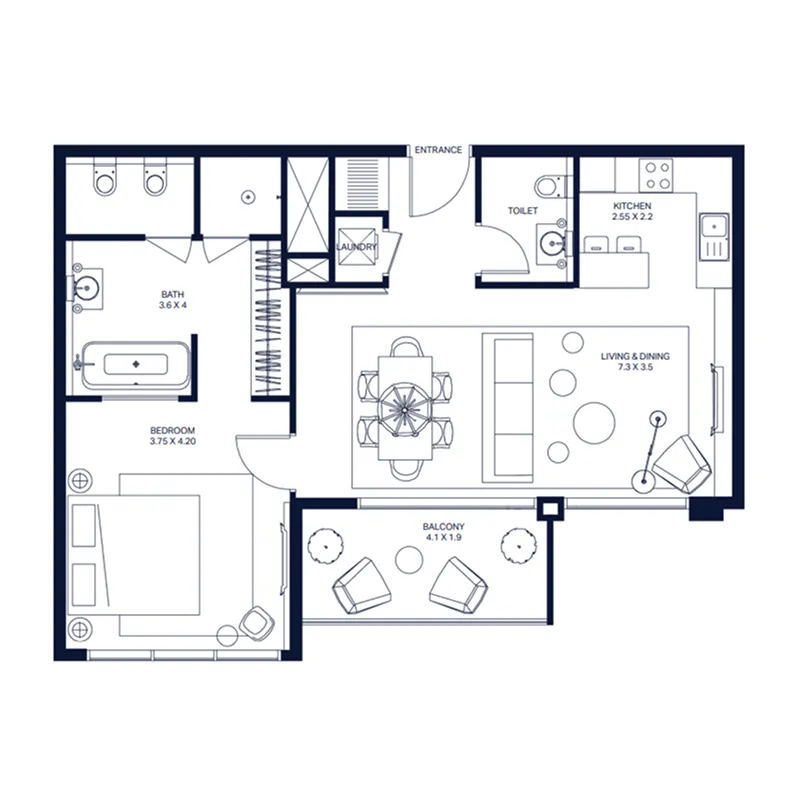 The Atria 1 bed floor plan, 918 sqft