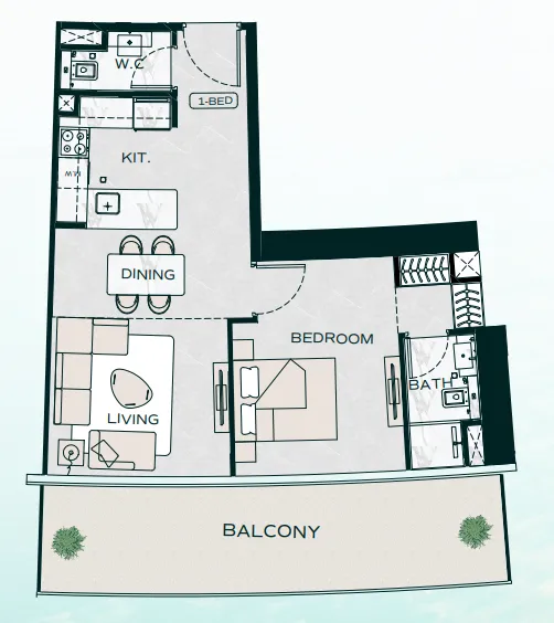 Binghatti Aquarise 1 bed floor plan, 810 – 835 sqft
