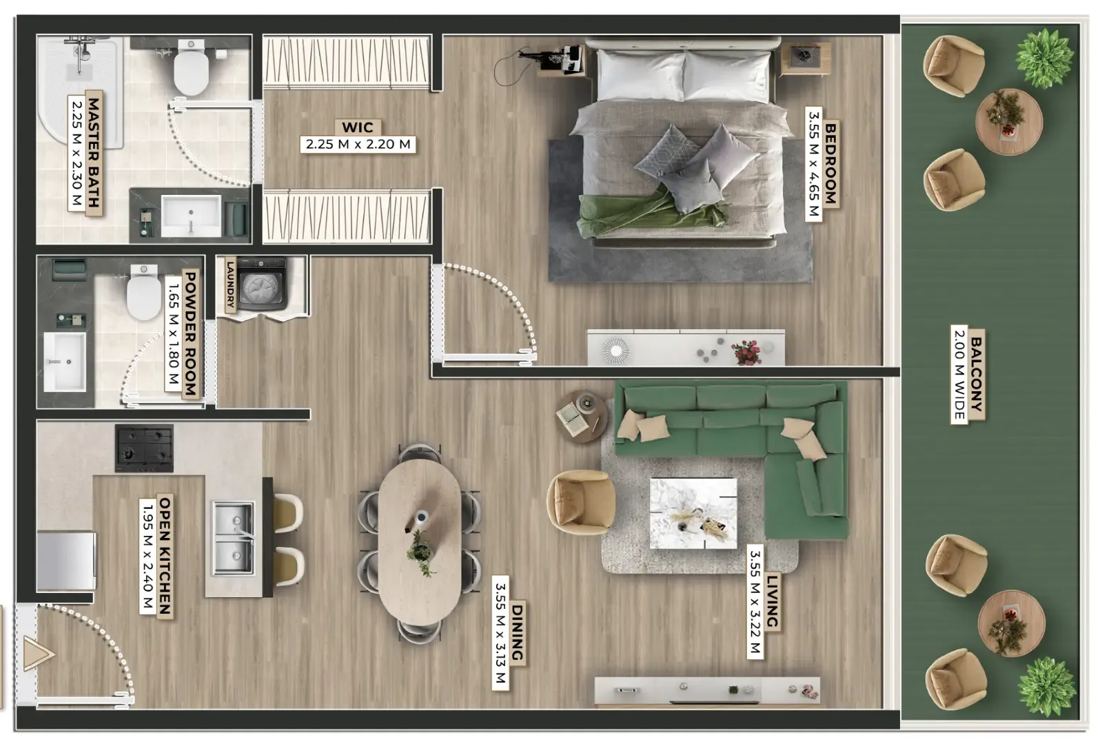 Firoza 1 bed floor plan, 894 sqft