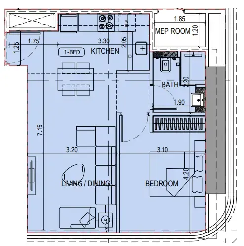 Binghatti Sky Terraces 1 bed floor plan, 570 sqft