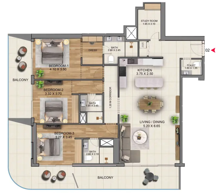 Sky Hills Residence 3 3 bed floor plan, 2,195 sqft