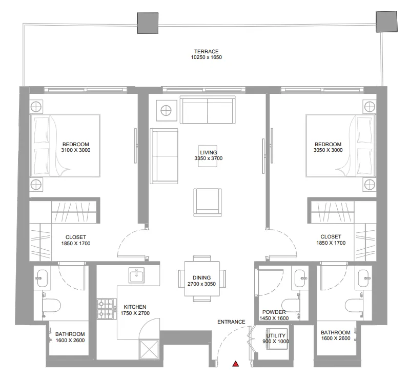 Pierside Marina Residences 2 bed floor plan, 1,035 – 1,045 sqft