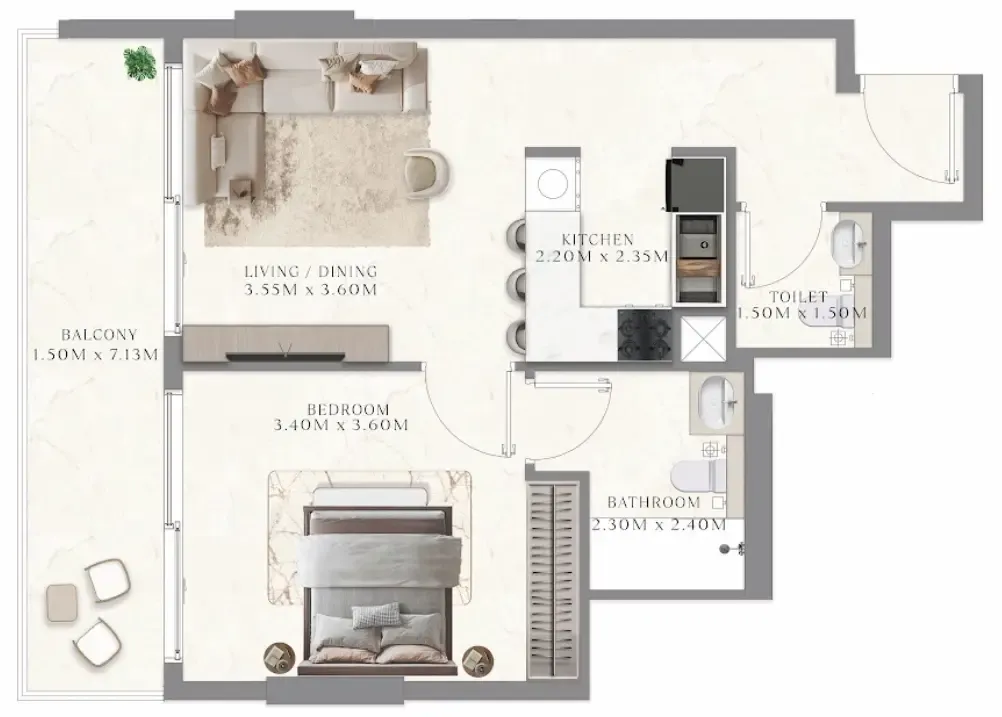 Aum 99 Residences 1 bed floor plan, 538 sqft