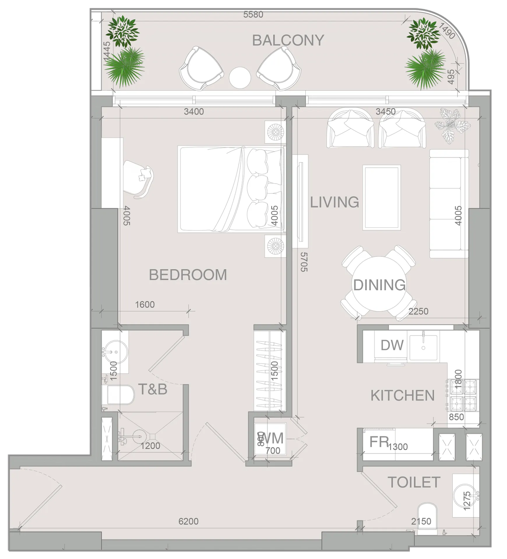 VERDAN1A 4 1 bed floor plan, 766 – 768 sqft