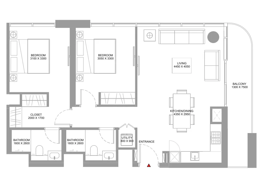 Coastline Beach Residences 2 bed floor plan, 973 sqft
