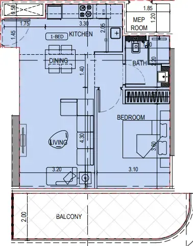 Binghatti Sky Terraces 1 bed floor plan, 728 sqft
