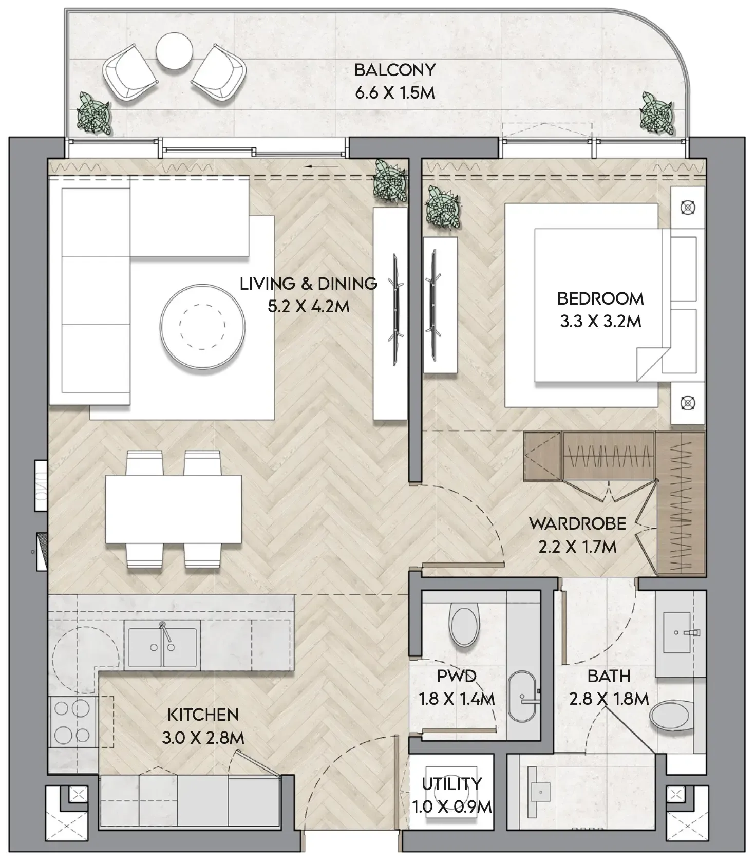 Nura 1 bed floor plan, 789 sqft