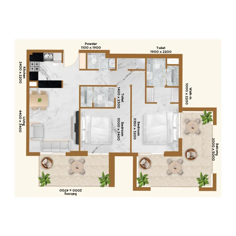 RR Residence 2 bed floor plan, 1,137 – 1,138 sqft