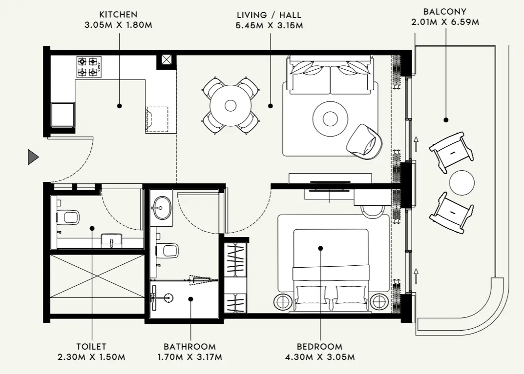 Azizi Venice 1 bed floor plan, 737 sqft