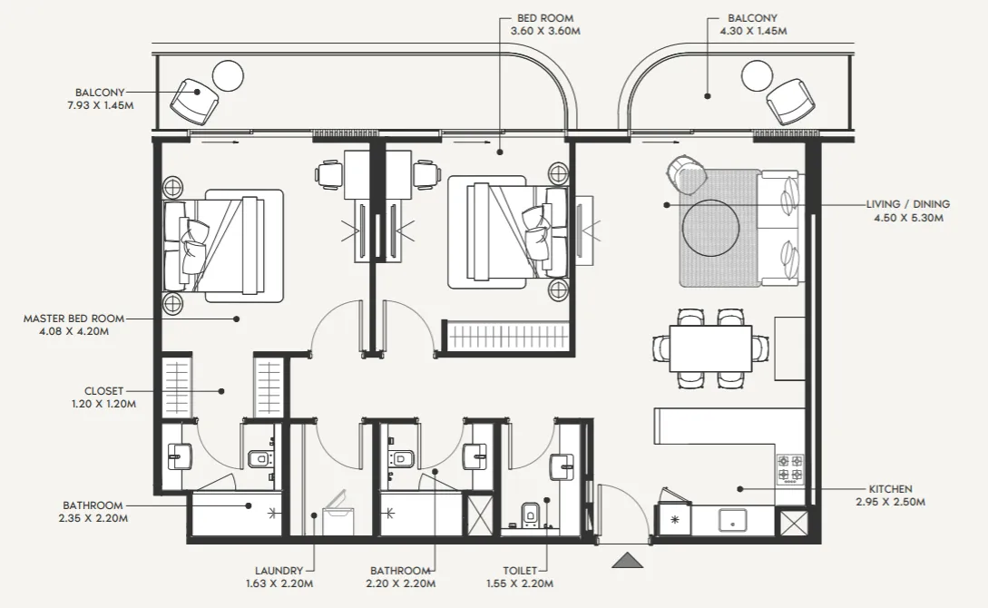 Azizi Amir 2 bed floor plan, 1,276 sqft