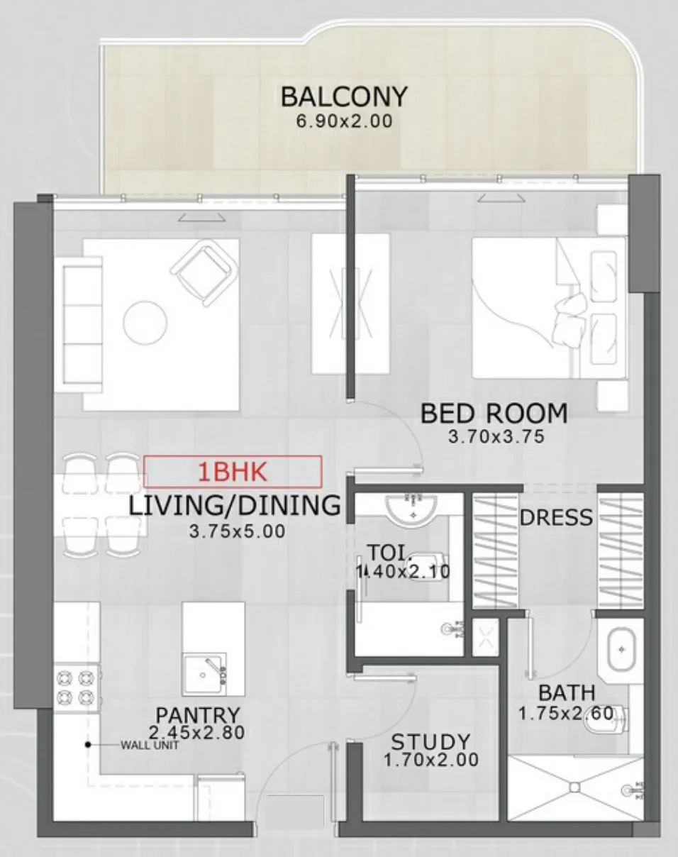 Floarea Skies 1 bed floor plan, 772 sqft