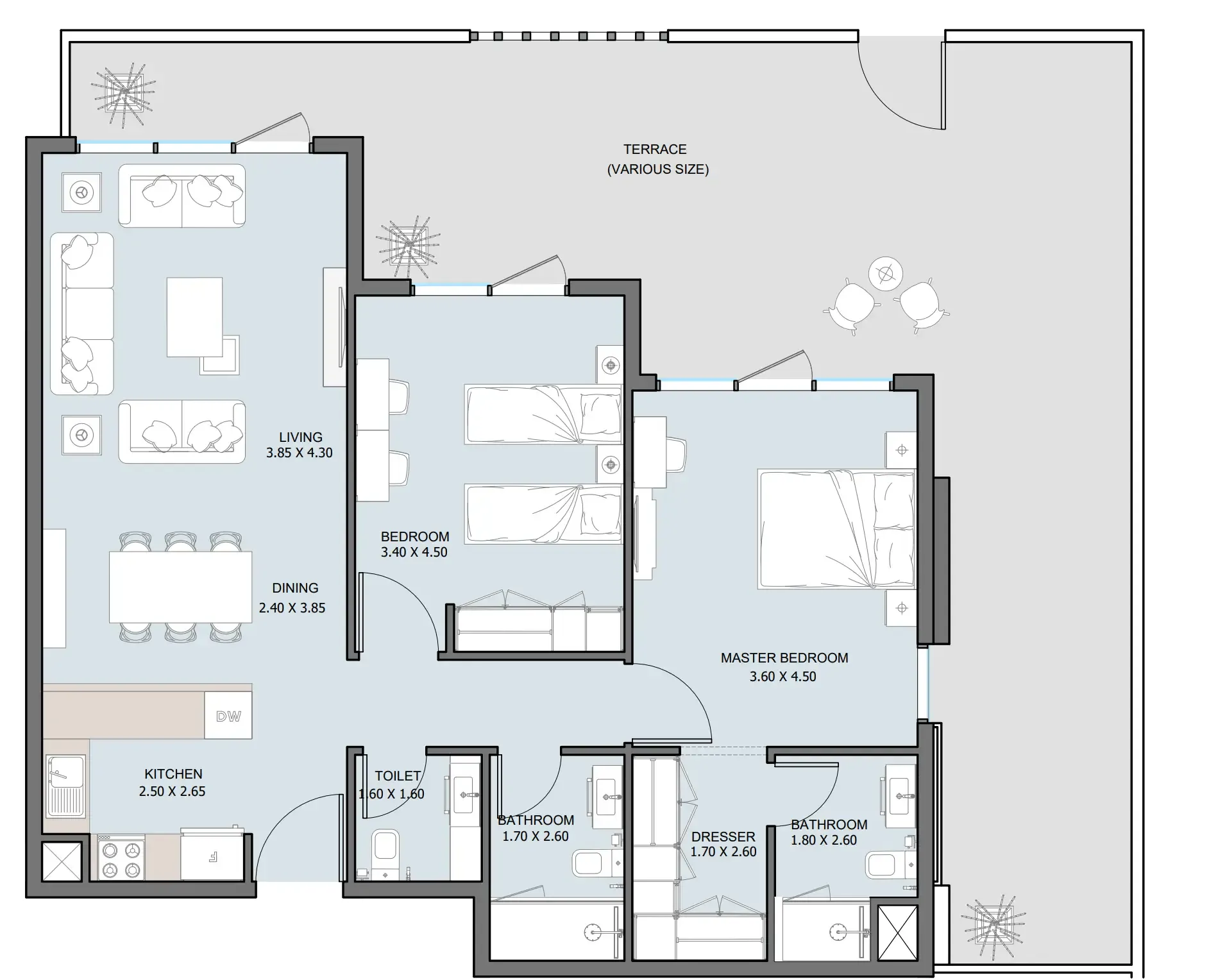 The District 2 bed floor plan, 1,333 sqft
