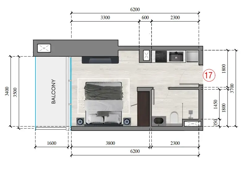 Auresta Tower Studio floor plan, 328 – 329 sqft