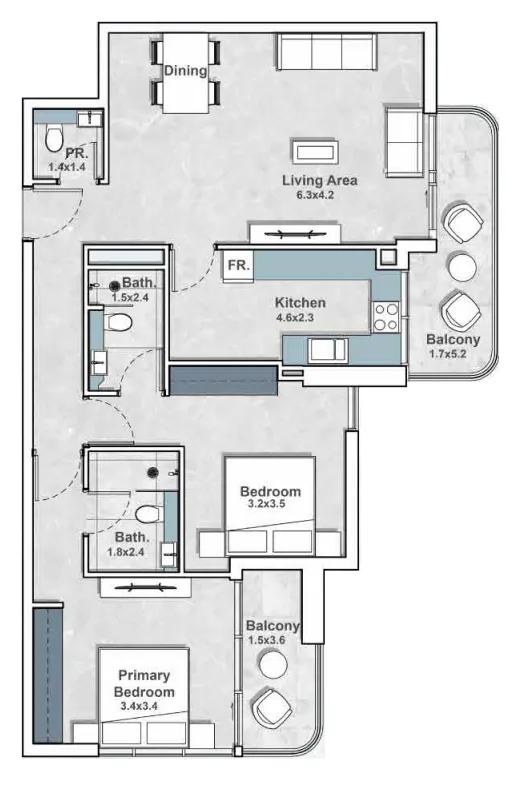 Iraz Creek Views 2 bed floor plan, 1,124 sqft