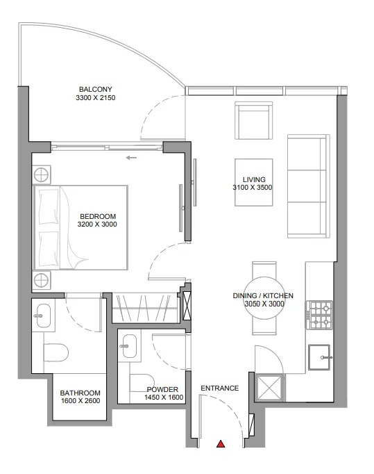 Sobha Aquamont 1 bed floor plan, 566 – 569 sqft