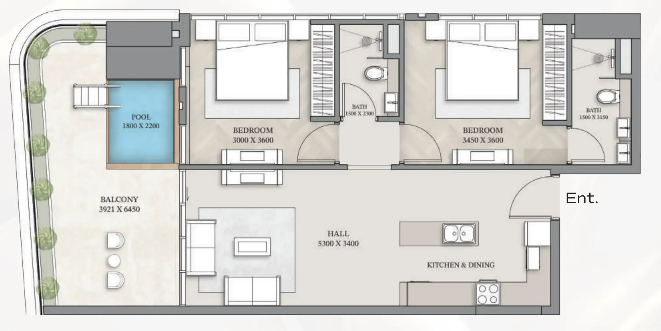 Empire Gardens 2 bed floor plan, 1,068 sqft