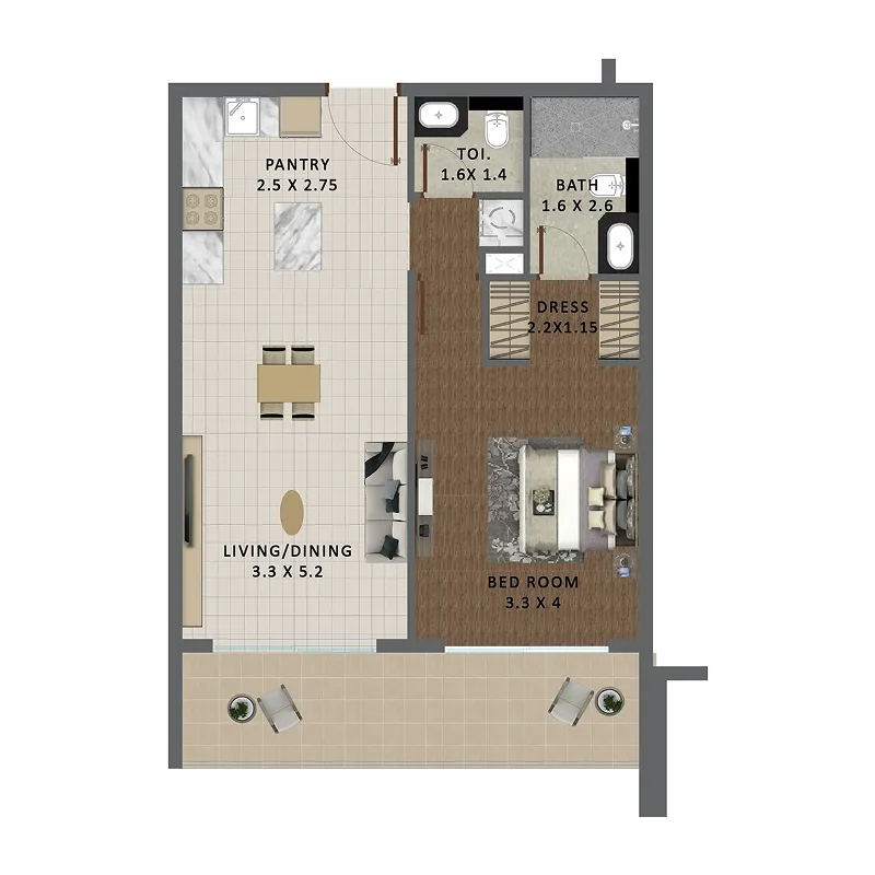 Marquis Galleria 1 bed floor plan, 735 sqft