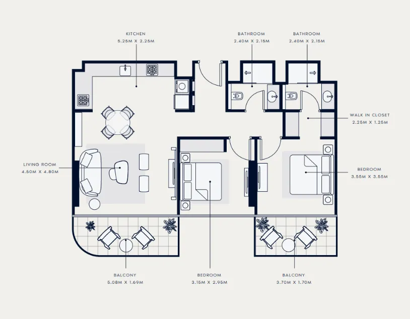 Azizi Venice 2 bed floor plan, 1,087 sqft