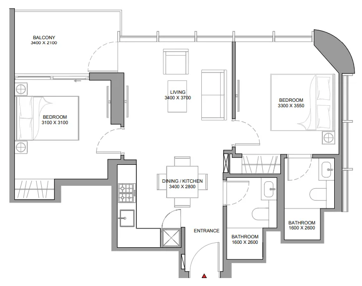 Sobha Aquamont 2 bed floor plan, 753 sqft