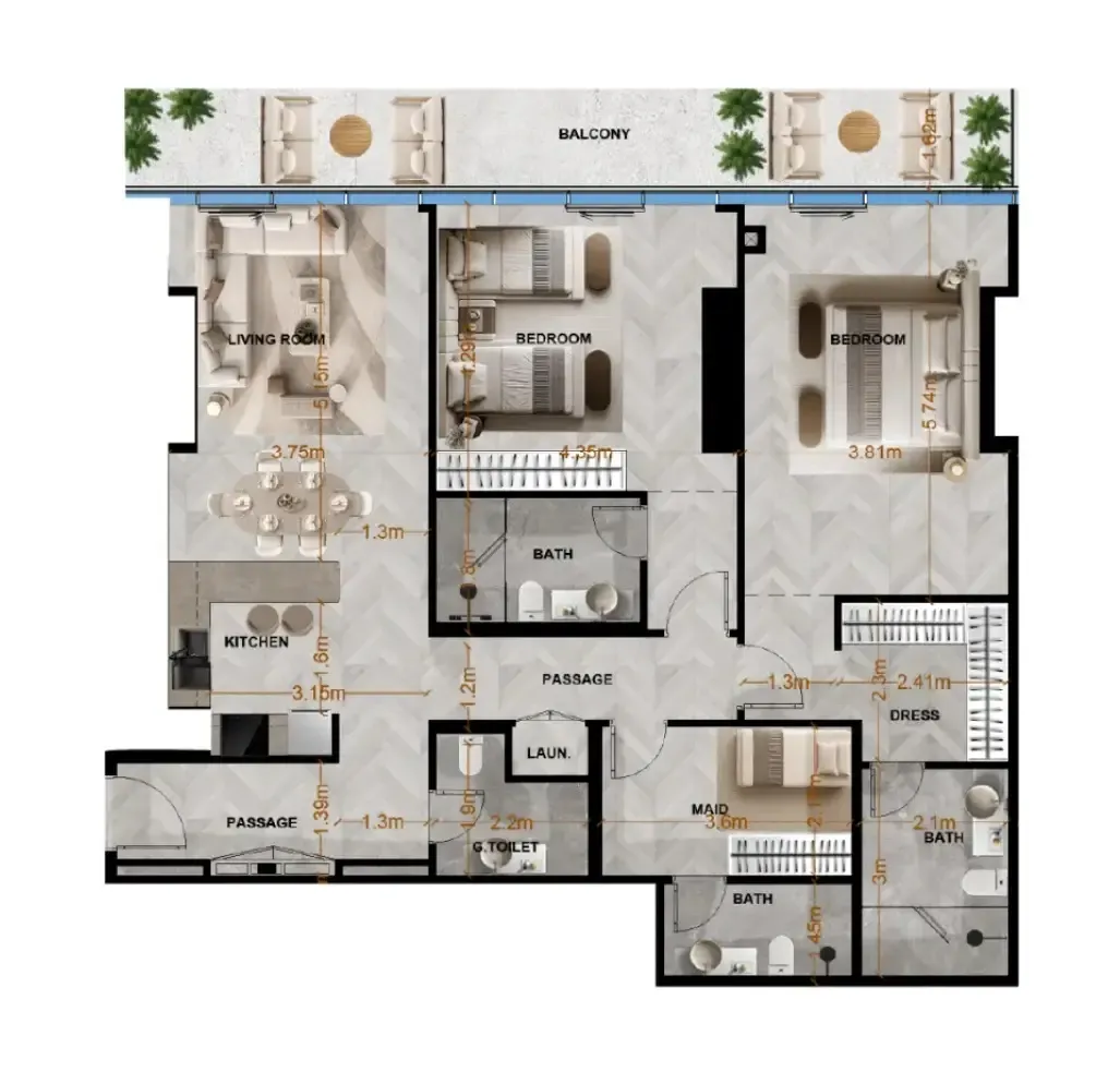 Radiant Terrace 2 bed floor plan, 1,557 sqft