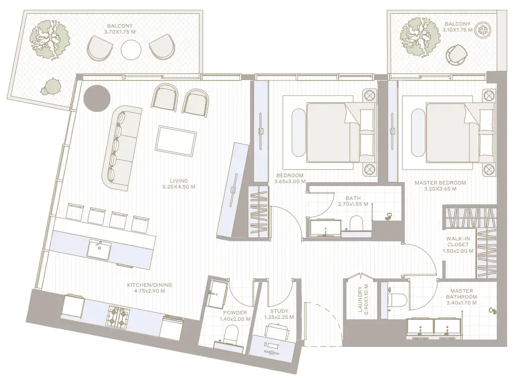 Alder in Park Five 2 bed floor plan, 1,288 – 1,289 sqft