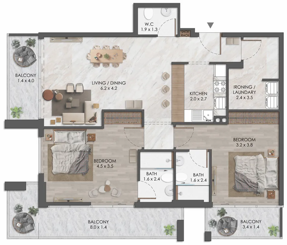 Almaara Residences 2 bed floor plan, 1,304 sqft