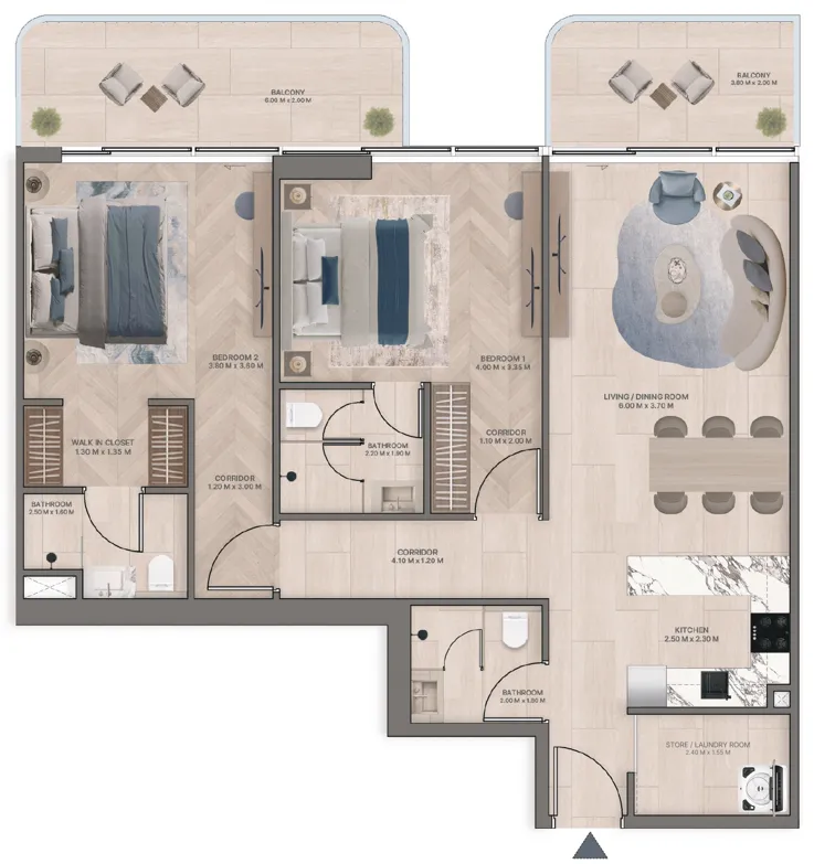 Meriden Beach Residences 2 bed floor plan, 1,273 – 1,275 sqft