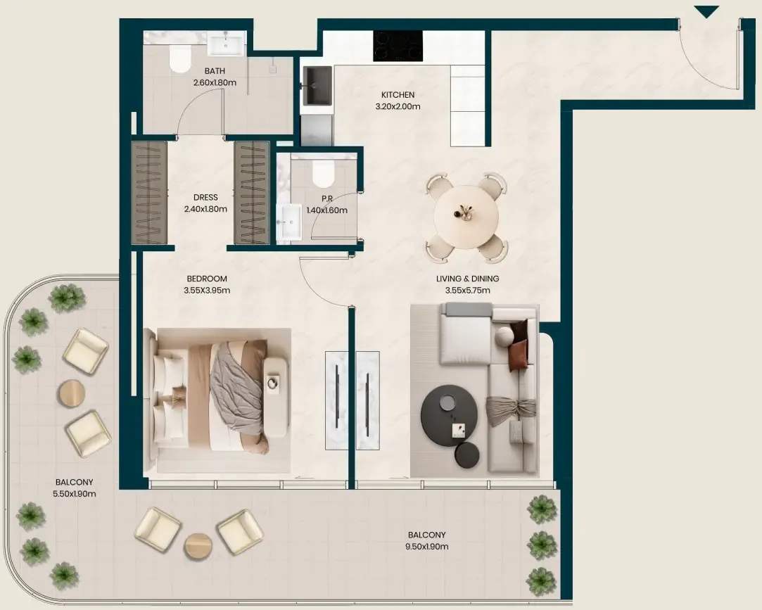 Kyomi Residences 1 bed floor plan, 971 sqft