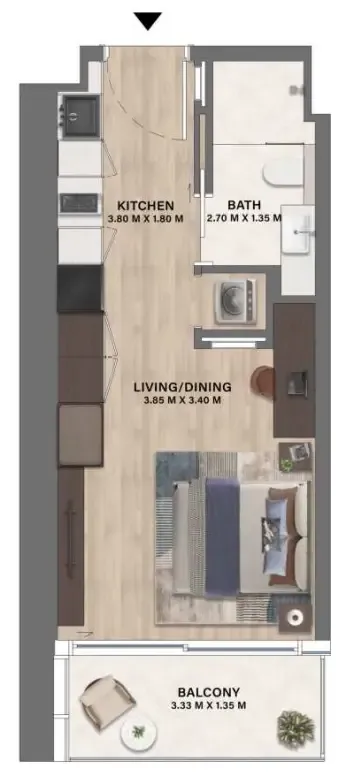 Mövenpick Residences Dubai Motor City Phase 1 Studio floor plan, 376 sqft