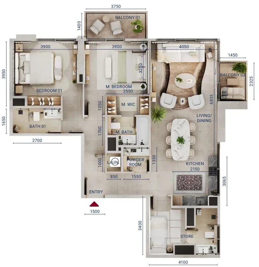Mirdad 2 bed floor plan, 1,346 sqft