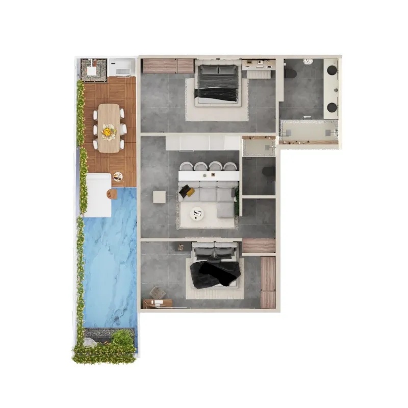 OM Club House 2 bed floor plan, 1,011 sqft