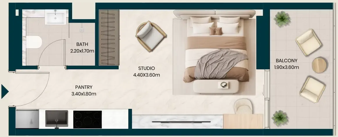 Kyomi Residences Studio floor plan, 391 sqft
