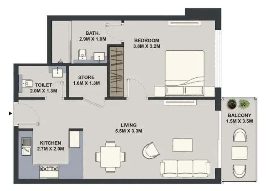 Maison Elysee 1 bed floor plan, 650 sqft