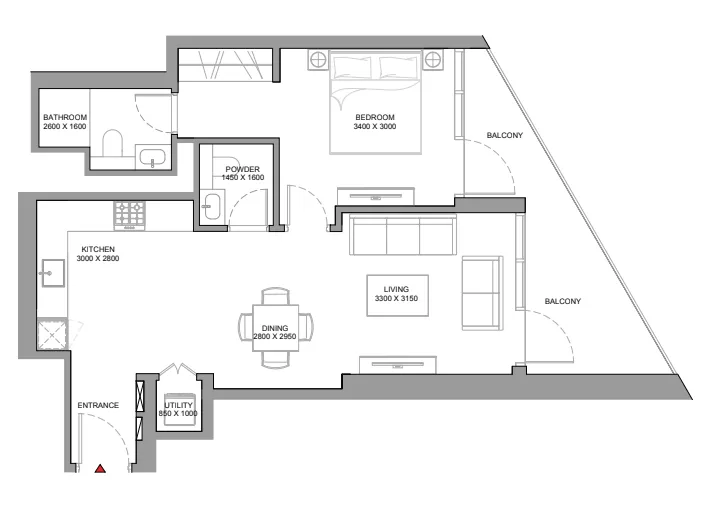 Skyvue Stellar 1 bed floor plan, 873 sqft