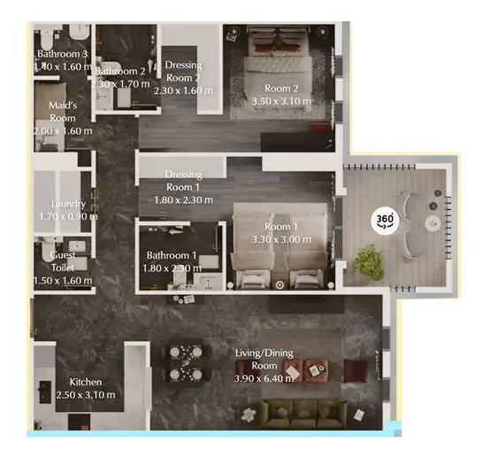 Bab Al Qasr Garden Residences 65 2 bed floor plan, 1,137 sqft