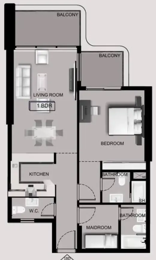 Sea View Residence 1 bed floor plan, 947 sqft