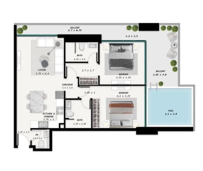 Samana Park Meadows 2 bed floor plan, 1,180 – 1,257 sqft