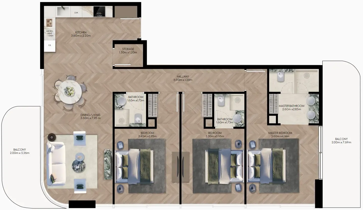 Elle Residences 3 bed floor plan, 1,618 sqft