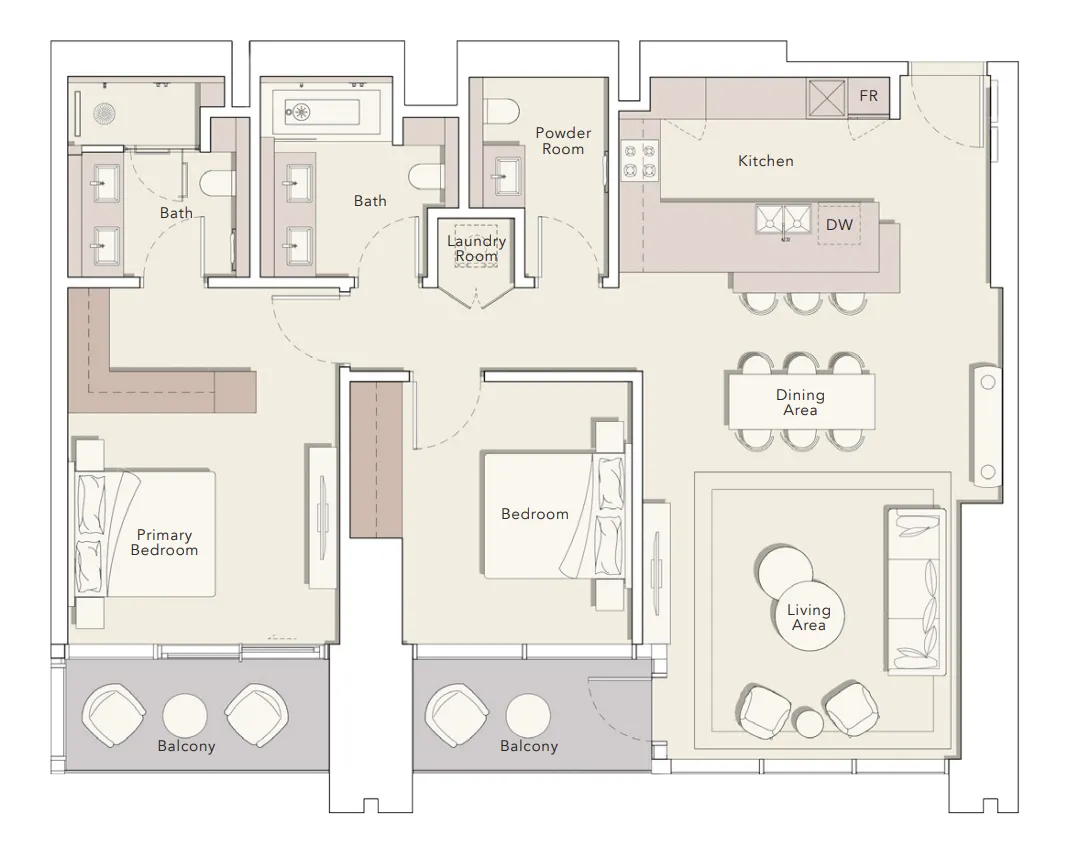 One River Point 2 bed floor plan, 1,480 sqft