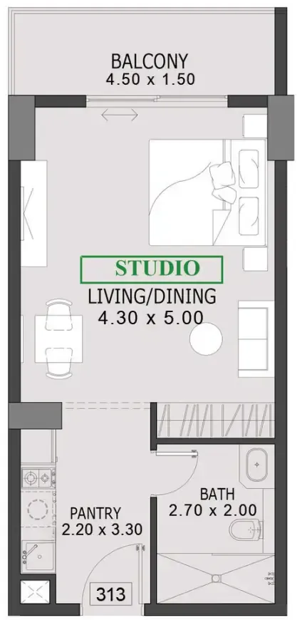 One By Preston Studio floor plan, 487 sqft