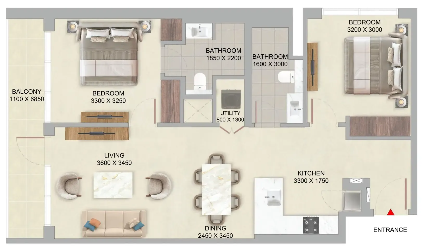 The Woods Abode at Sobha Sanctuary 2 bed floor plan, 964 sqft