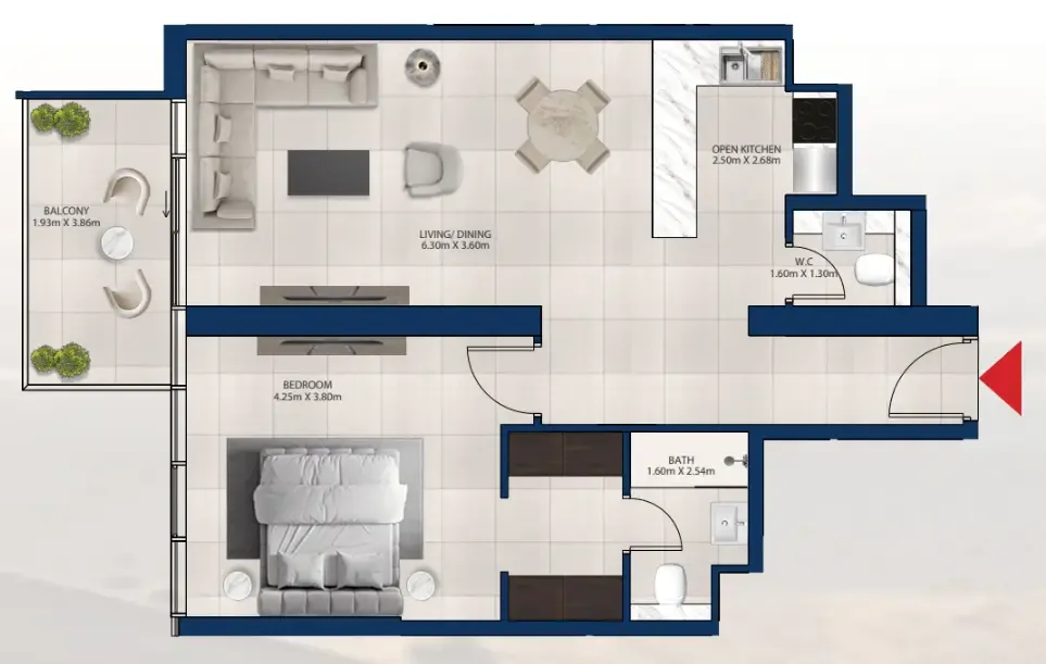 Al Vista 1 bed floor plan, 871 sqft
