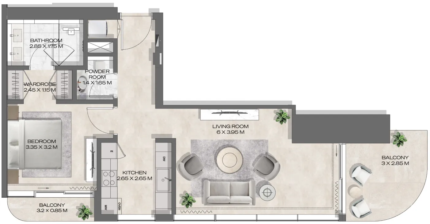 DWTN Residences 1 bed floor plan, 896 sqft