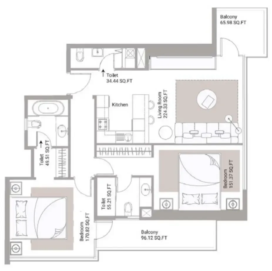 Ajman Creek Towers 2 bed floor plan, 1,562 sqft