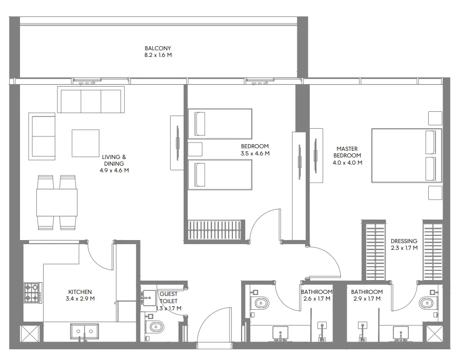 The Gate 3 and 4 2 bed floor plan, 1,247 – 1,261 sqft